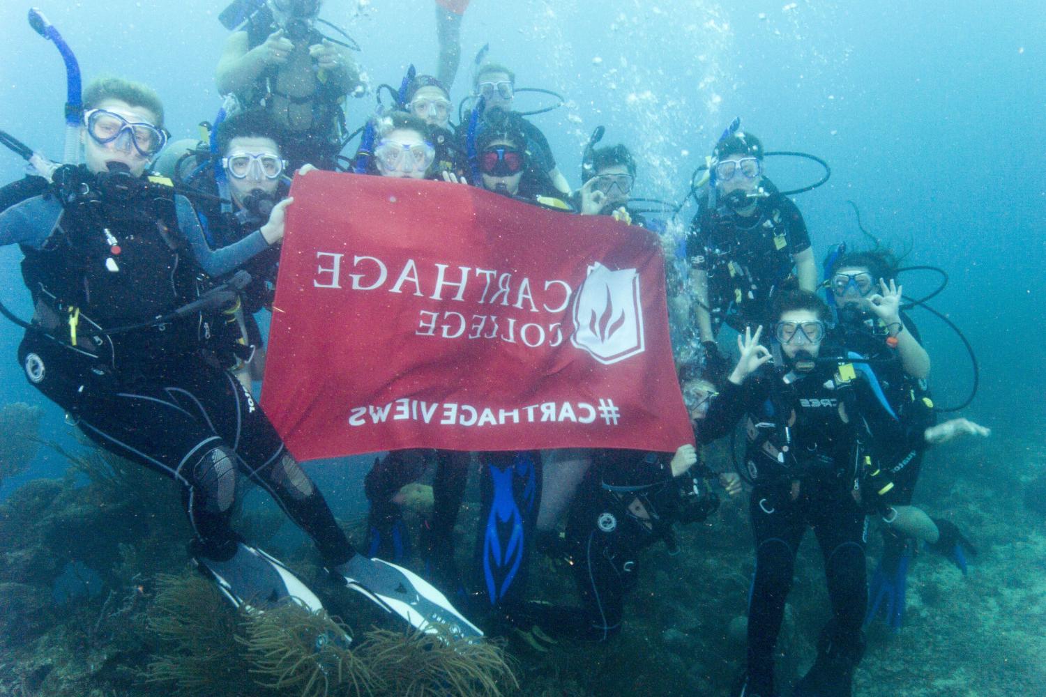 学生们手持<a href='http://i69zi.ldmuyj.com'>bv伟德ios下载</a>旗帜，在j学期洪都拉斯游学之旅中潜水.